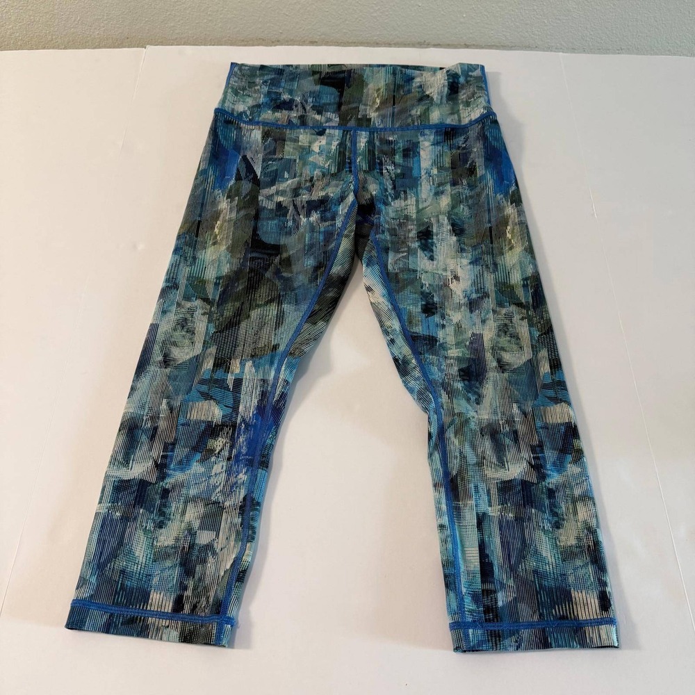 Lululemon Wunder Under Crop Hi-Rise Leggings Blue Abstract Print Size 10